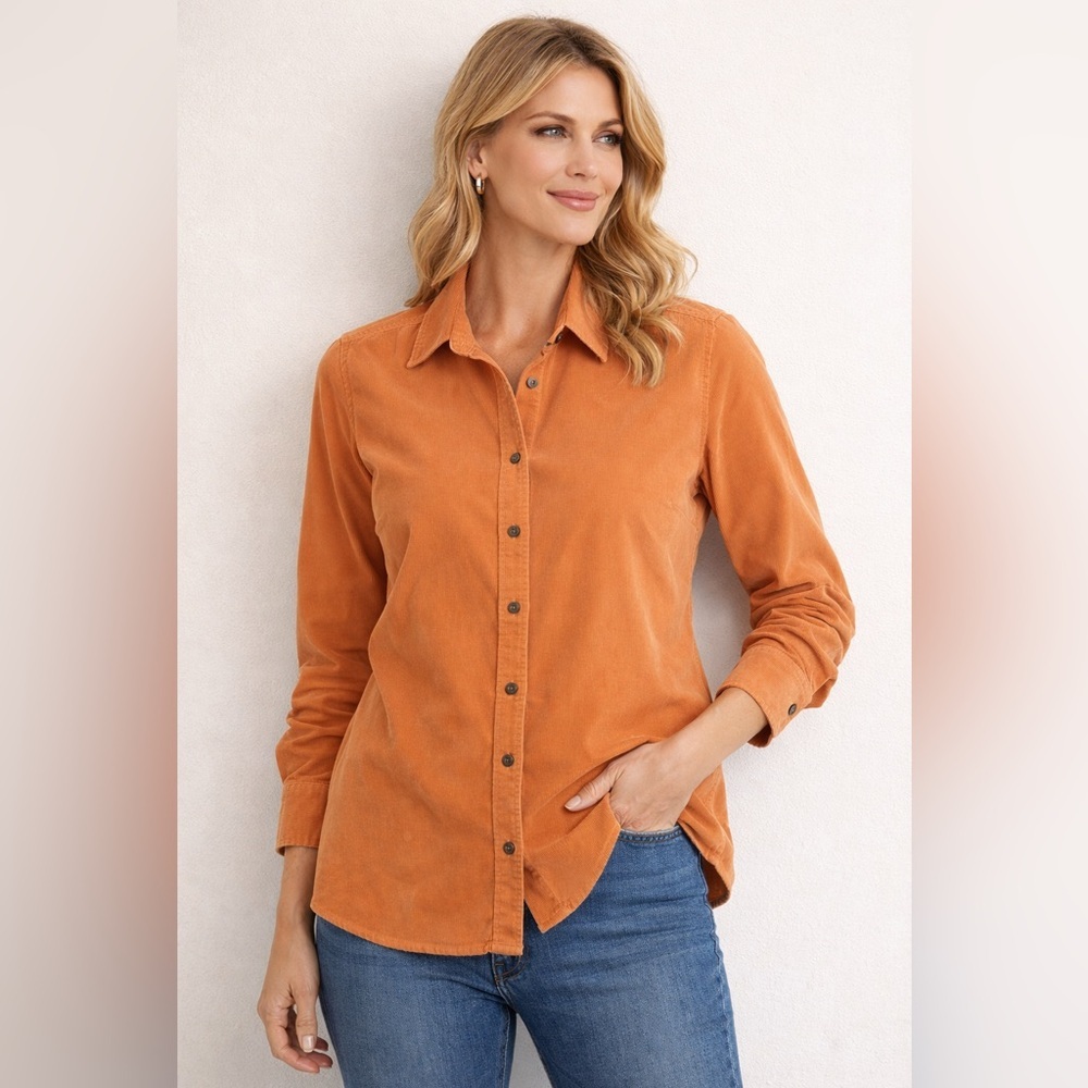 Talbots Orange Corduroy Button Shirt Stretch Long Sleeve Size Large